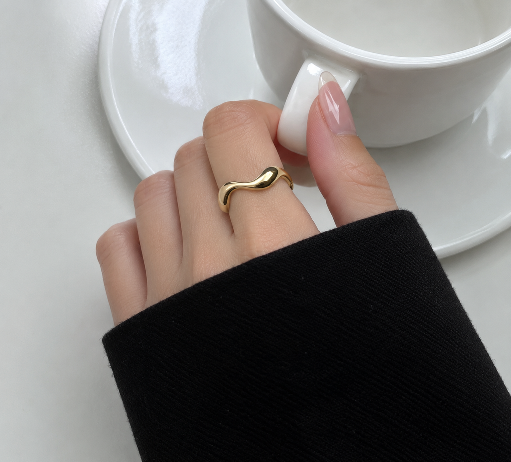 VENTFILLE 925 Sterling Silver Irregular Design Wave Golden Stackable Finger Rings Trendy Adjustable For Women Gifts Dropshipping